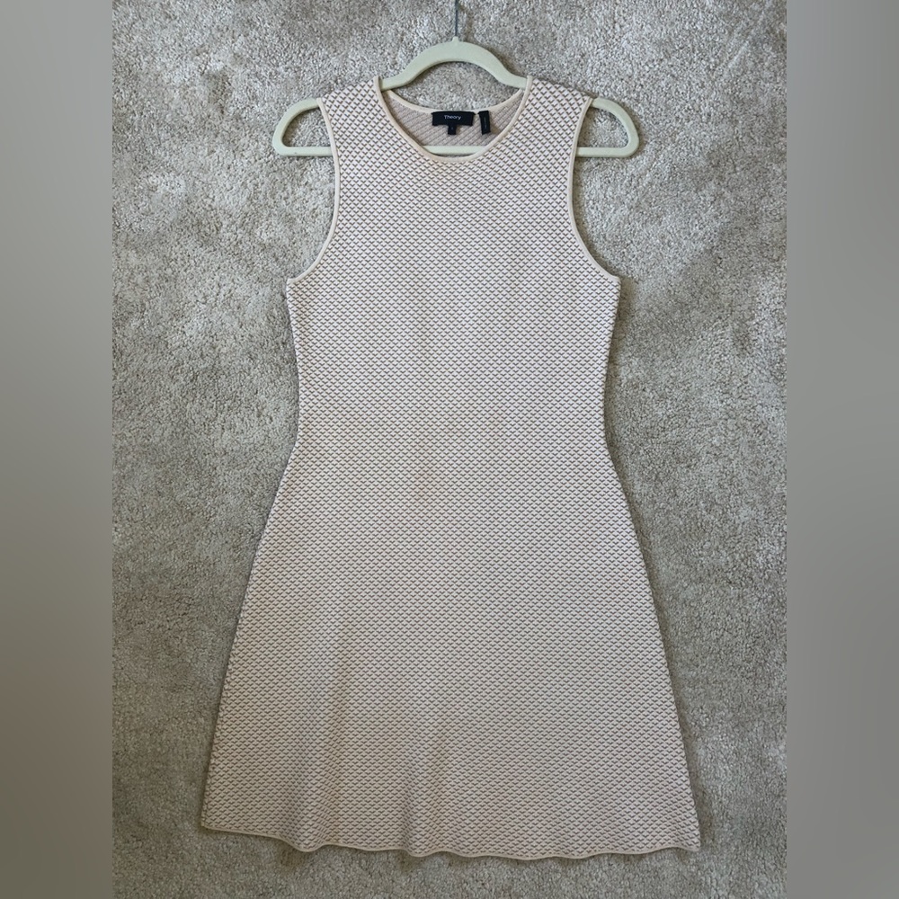 Theory Branteen Glossed Neutral/Golden Beige Crew Neck sleeveless Mini Dress (S)